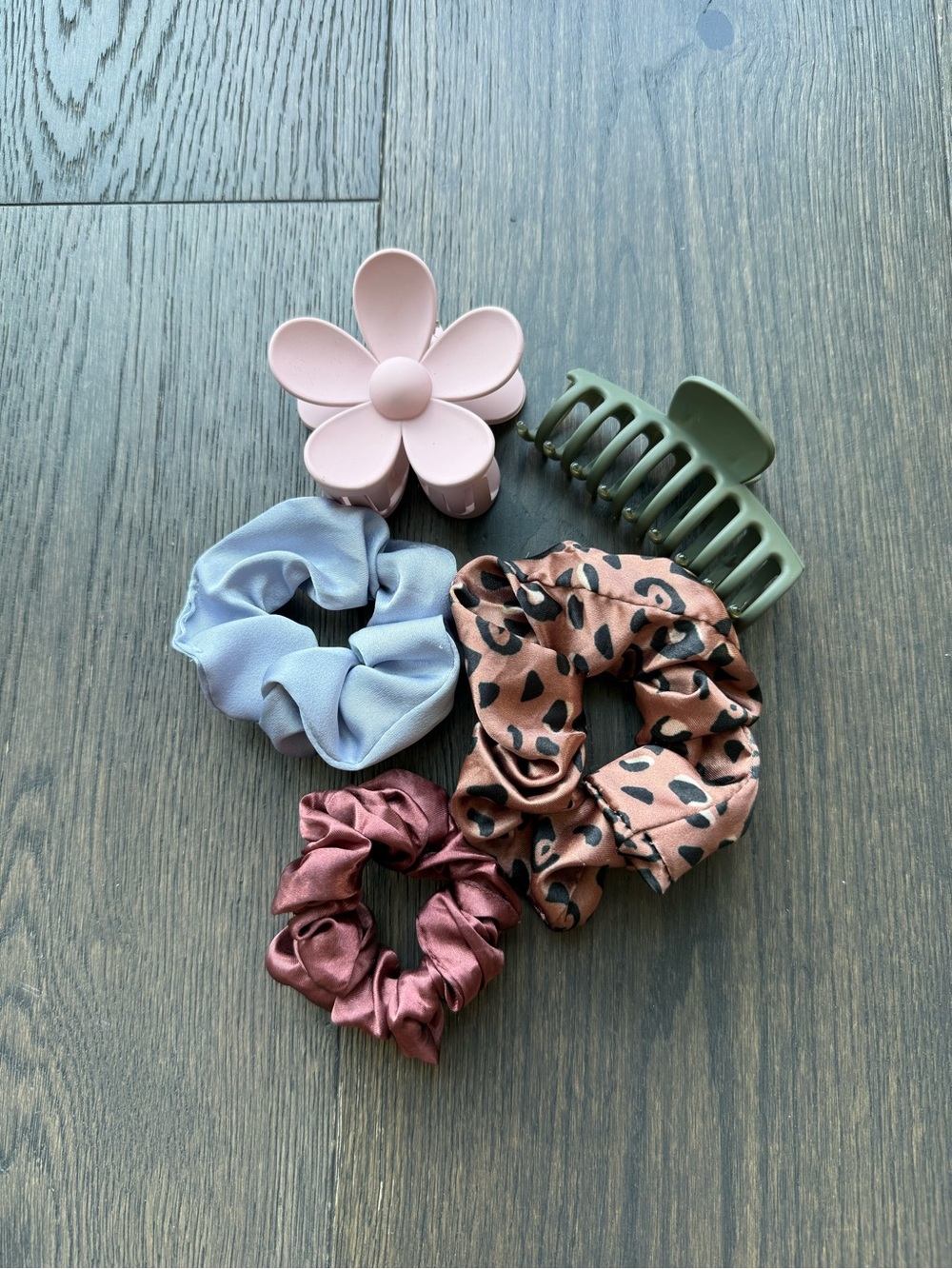 Hair Accessory Set - Pink Flower Clip, Green Claw Clip & Mixed Scrunchies